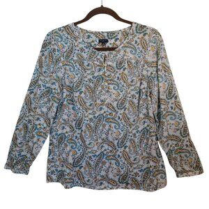 Talbots Top Green Pink Paisley Print Cotton Popover Blouse Womens Large Petite